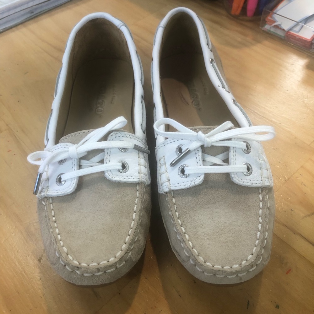 Sebago Beige and White Suede Boat Moccasins